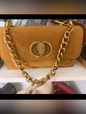 Kurt Geiger Mustard Suede Crossbody Crystal Animal Emblem& Gold Chain 21*8*15